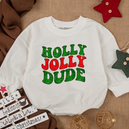 Holly Jolly Dude Christmas Baby Romper Retro Xmas Baby Outfit Merry Christmas Gift image 0