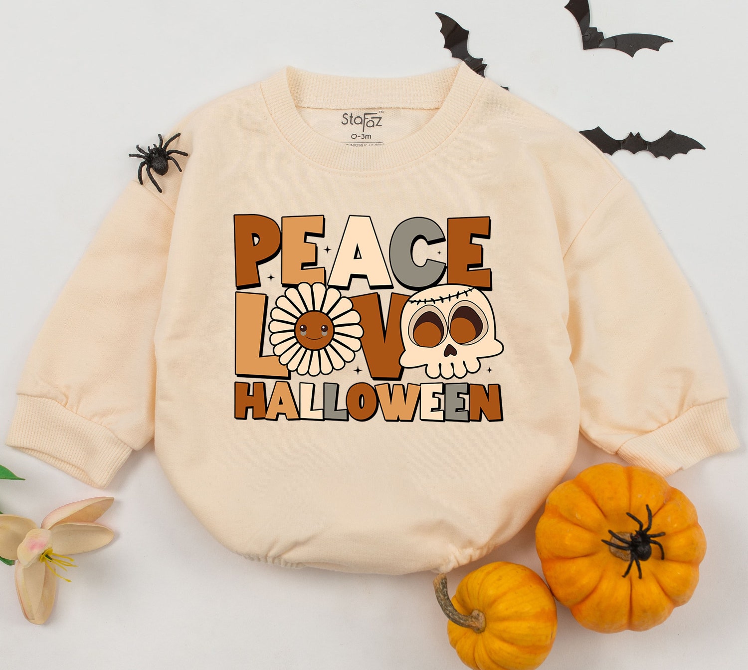 Peace Love Halloween Baby Romper Toddler Sweatshirt Fall Baby Clothes Newborn Outfit image 1