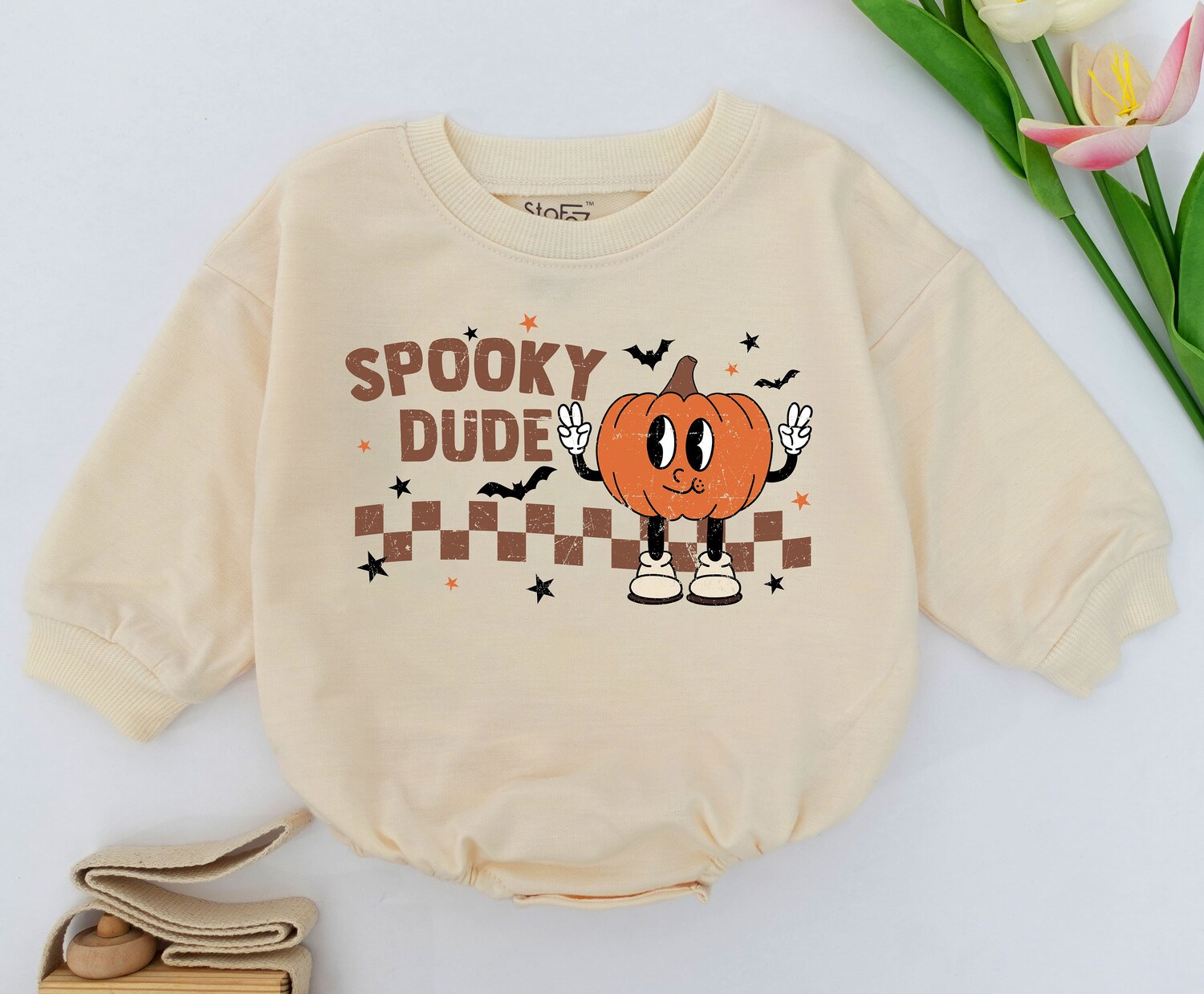 Spooky Dude Baby Romper Cute Fall Halloween Bodysuit Retro Checkered Ghost Babe Outfit image 1