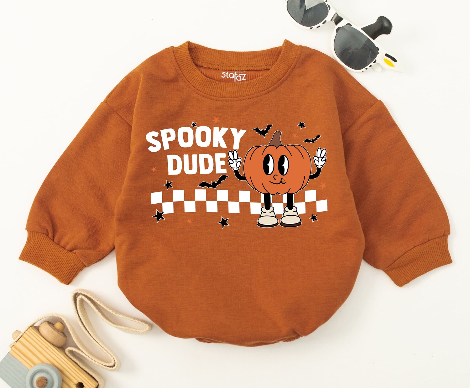 Spooky Dude Baby Romper Cute Fall Halloween Bodysuit Retro Checkered Ghost Babe Outfit image 2