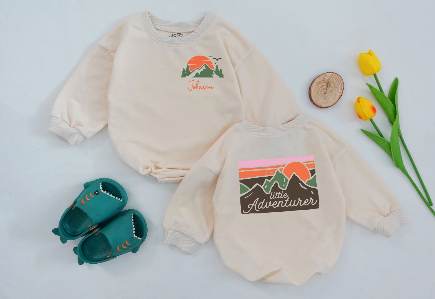 Little Adventurer Baby Romper Cute Mountains Design Retro Summer Outfit Baby Shower Gift image 1