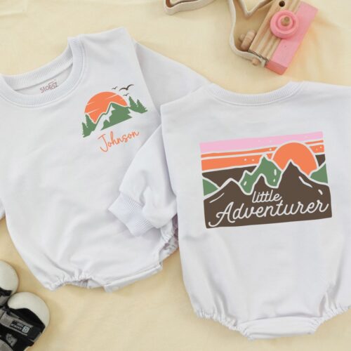 Little Adventurer Baby Romper Cute Mountains Design Retro Summer Outfit Baby Shower Gift image 0