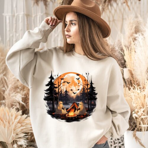 Retro Halloween Camping Shirt Teacher Ghost Reading Sweatshirt Vintage Book Lover T-Shirt image 0