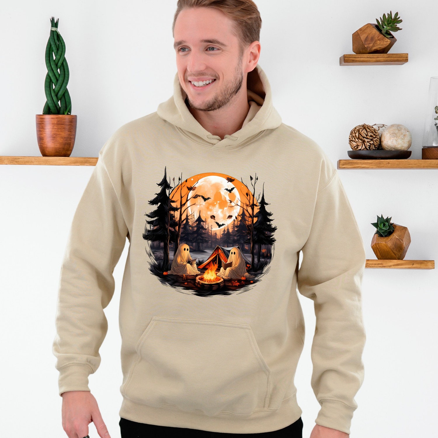 Retro Halloween Ghost Book Reading Teacher Hoodie Fall Camping Lover Sweatshirt image 1