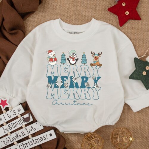 Merry Christmas Baby Outfit Holiday Bubble Romper & Sweatshirt 1st Xmas Baby Bodysuit image 0