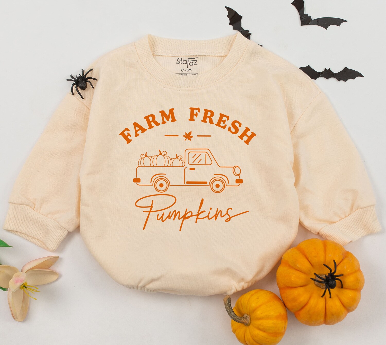 Farm Fresh Pumpkin Baby Romper Halloween Baby Outfit Fall Bodysuit Gender Neutral Newborn Clothing image 2