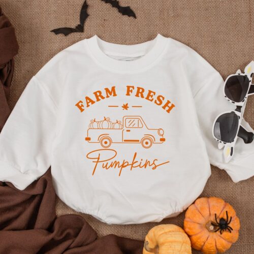 Farm Fresh Pumpkin Baby Romper Halloween Baby Outfit Fall Bodysuit Gender Neutral Newborn Clothing image 0