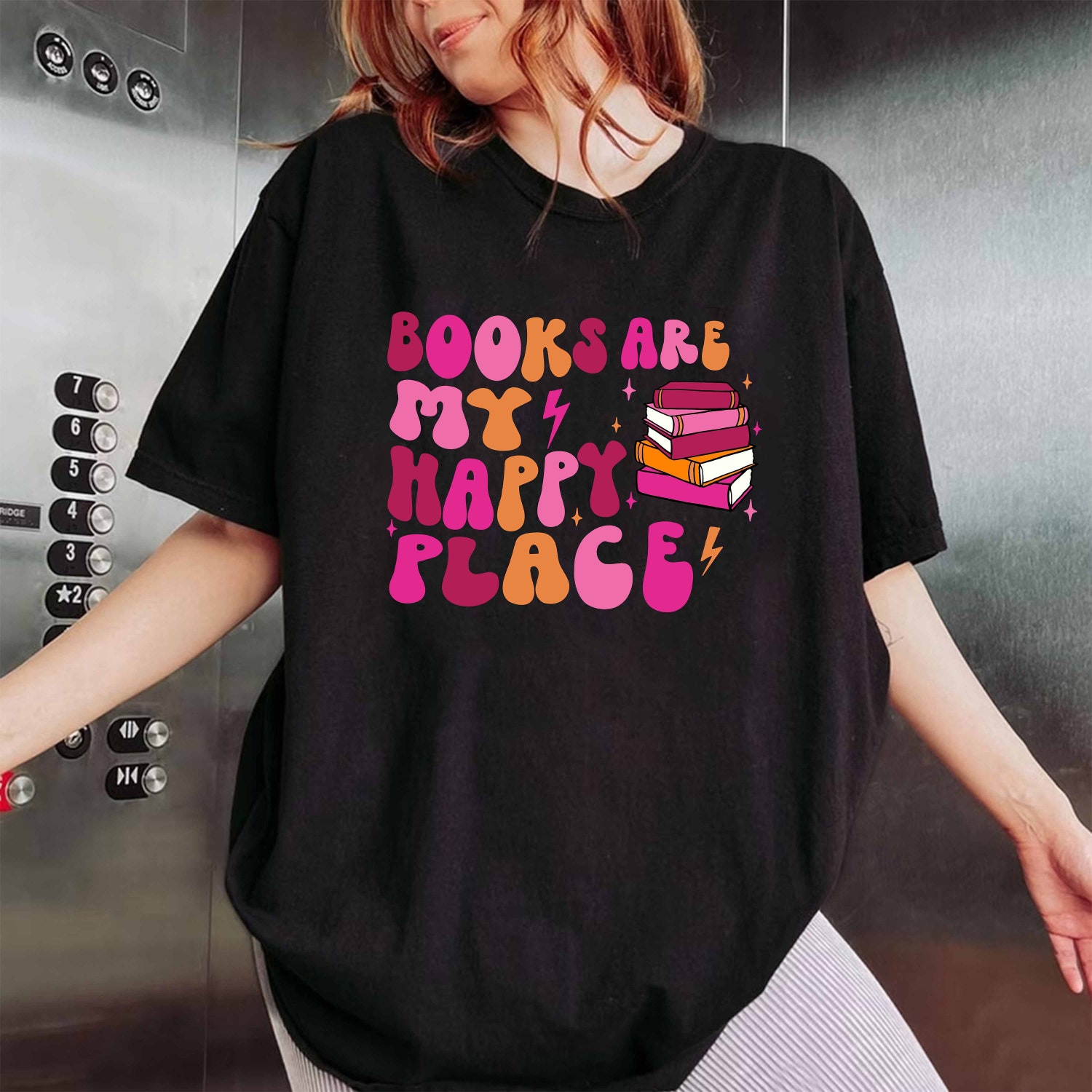 Books Are My Happy Place Shirt Book Lover Gift Funny Reading Tee Bookworm Club Gift image 2