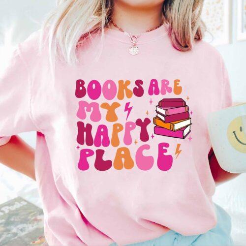 Books Are My Happy Place Shirt Book Lover Gift Funny Reading Tee Bookworm Club Gift image 0