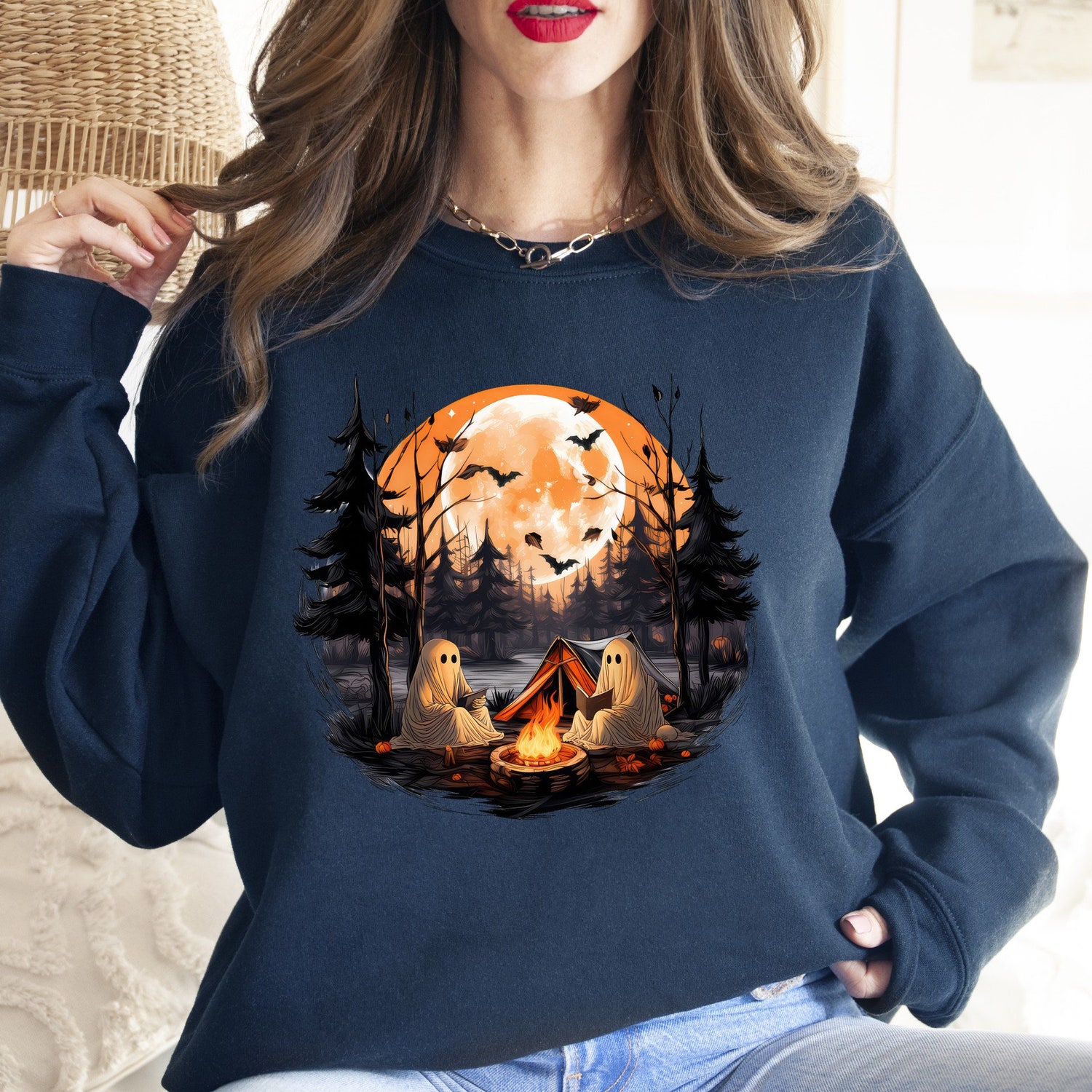 Retro Halloween Camping Shirt Teacher Ghost Reading Sweatshirt Vintage Book Lover T-Shirt image 1