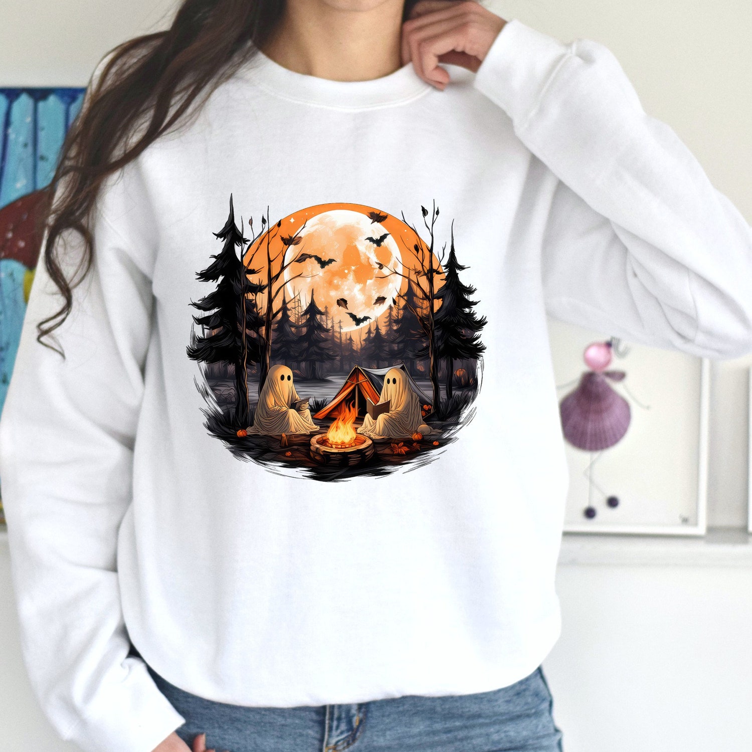 Retro Halloween Camping Shirt Teacher Ghost Reading Sweatshirt Vintage Book Lover T-Shirt image 4