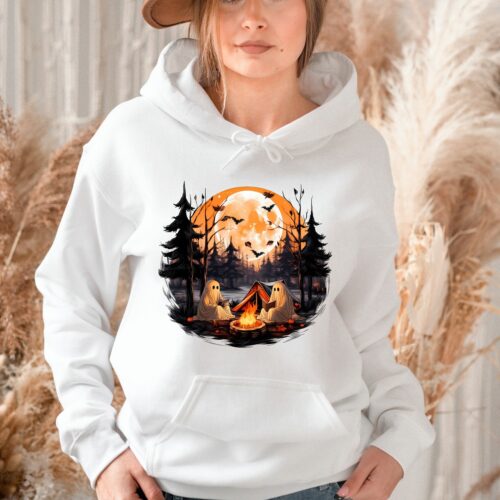 Retro Halloween Ghost Book Reading Teacher Hoodie Fall Camping Lover Sweatshirt image 0