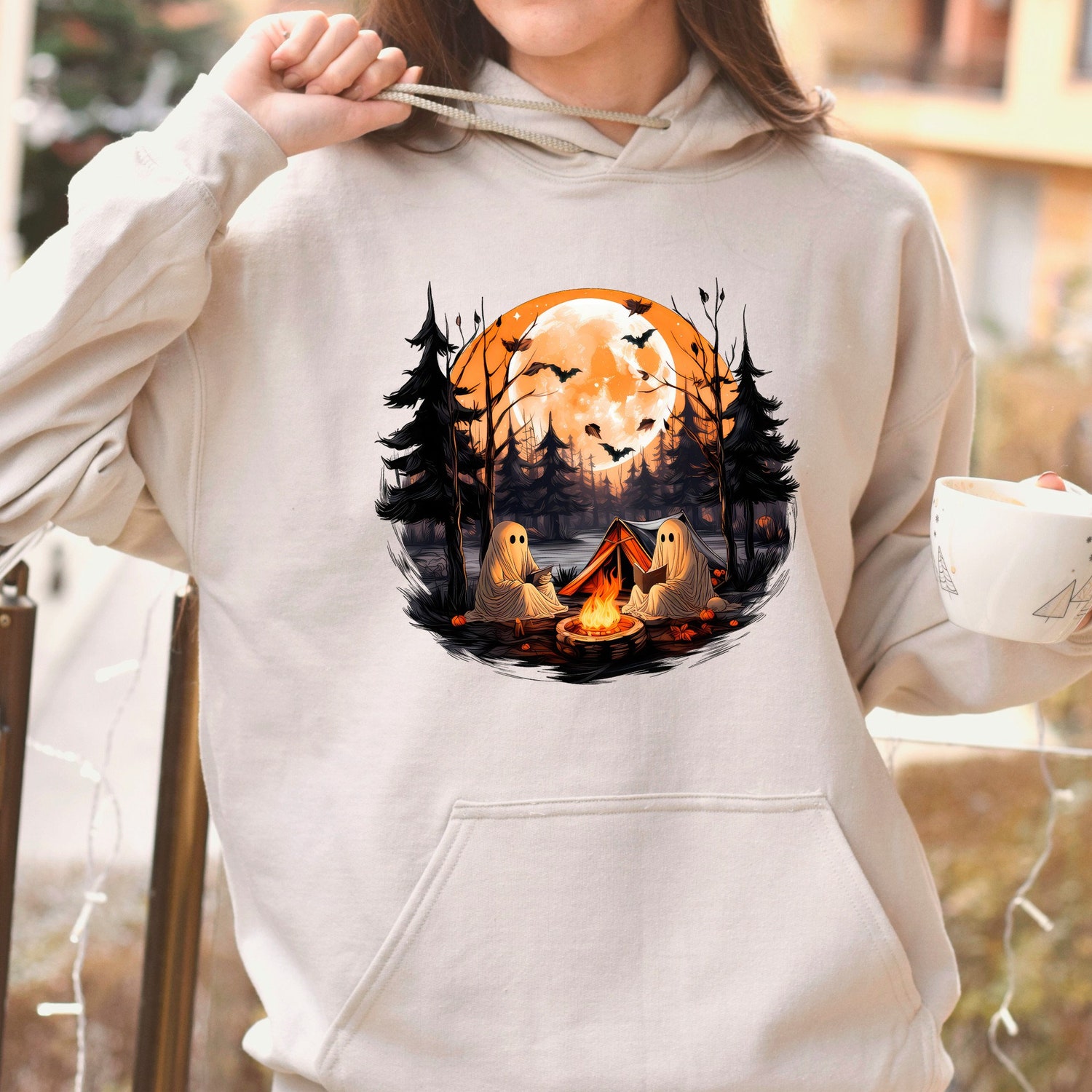 Retro Halloween Ghost Book Reading Teacher Hoodie Fall Camping Lover Sweatshirt image 2