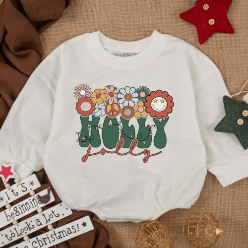 Retro Holly Jolly Christmas Baby Outfit 1st Christmas Bubble Romper Xmas Gift Ideas image 0