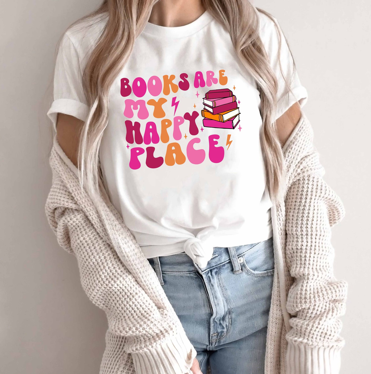 Books Are My Happy Place Shirt Book Lover Gift Funny Reading Tee Bookworm Club Gift image 1