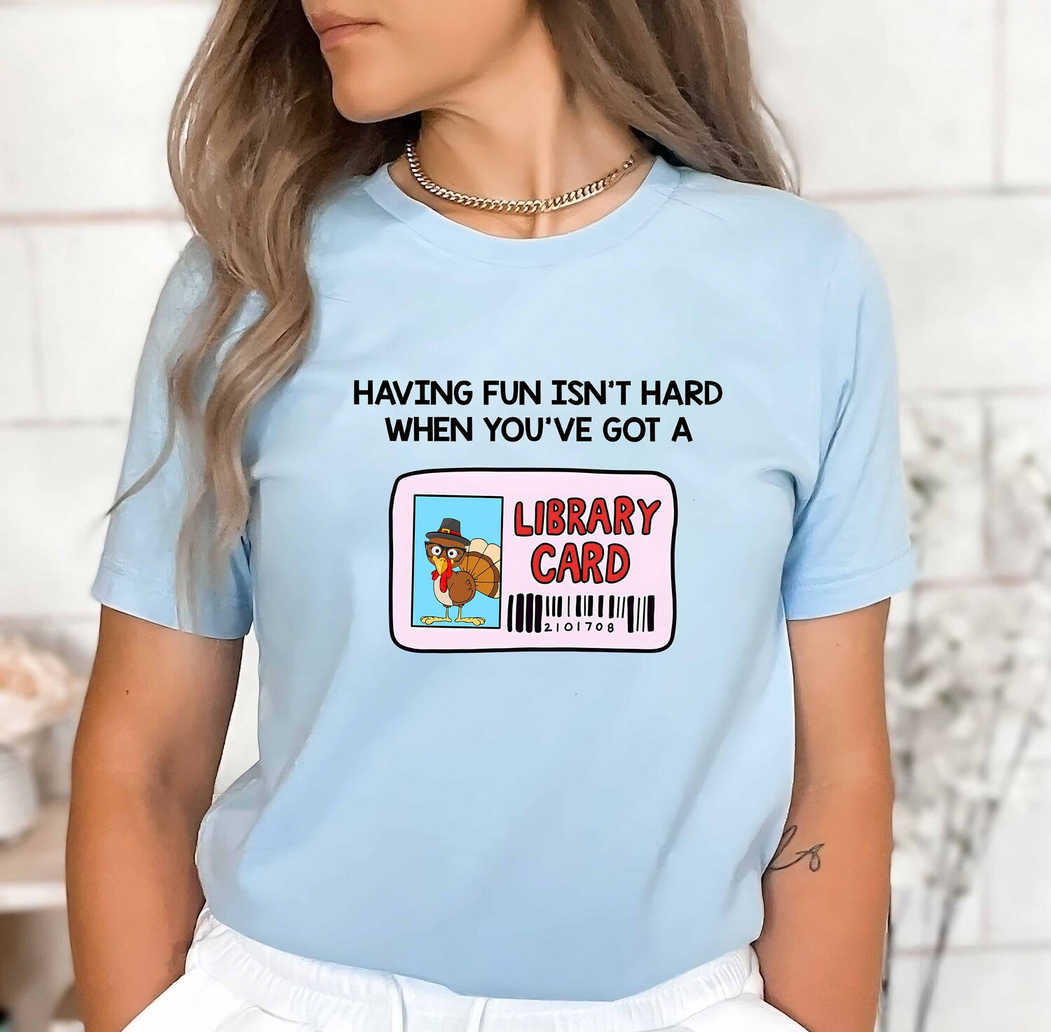 Book Lover Shirt Fun Library Card Thanksgiving Tee with Cute Turkey Perfect Book Gift image 2