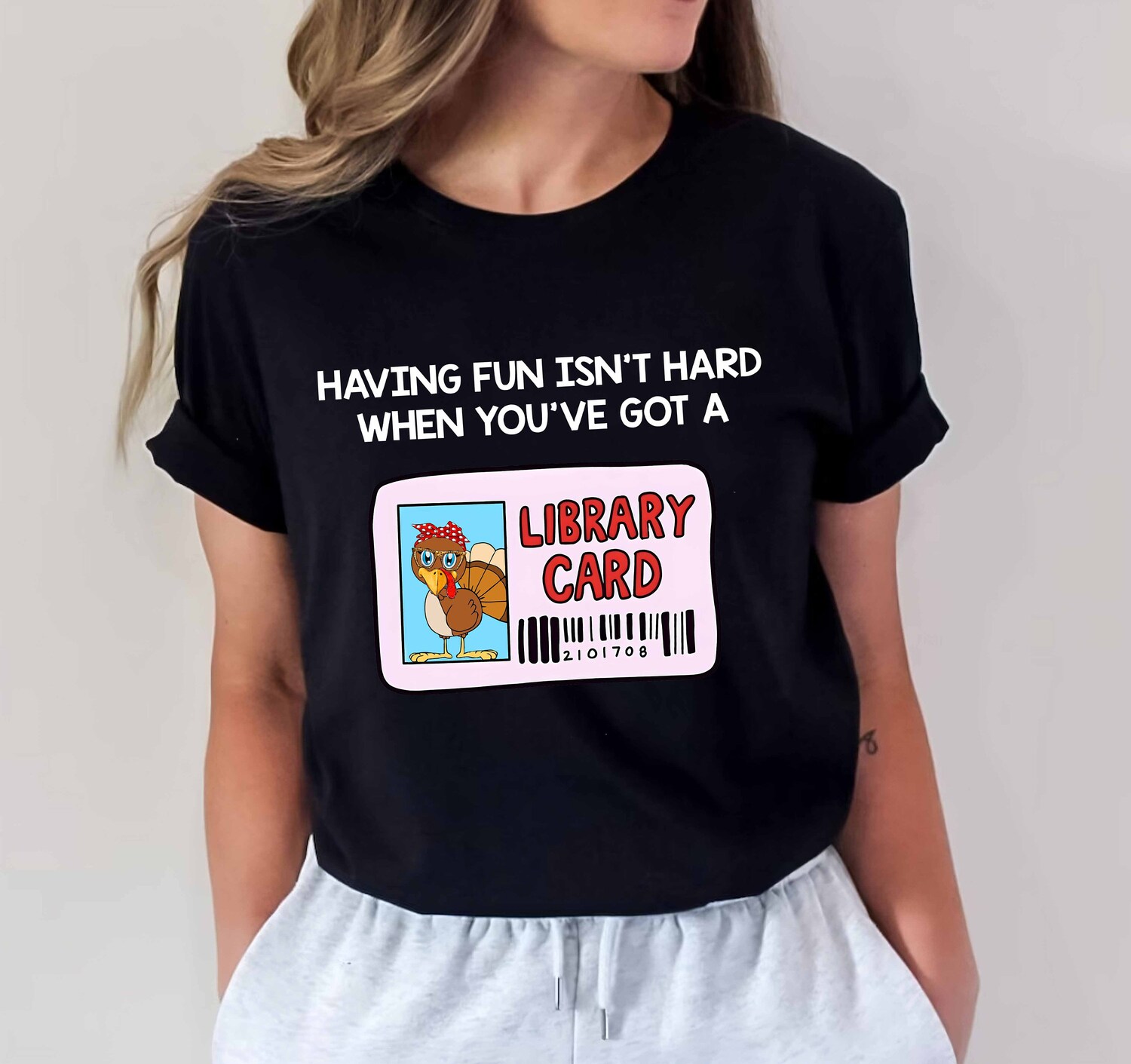 Book Lover Shirt Fun Library Card Thanksgiving Tee with Cute Turkey Perfect Book Gift image 4