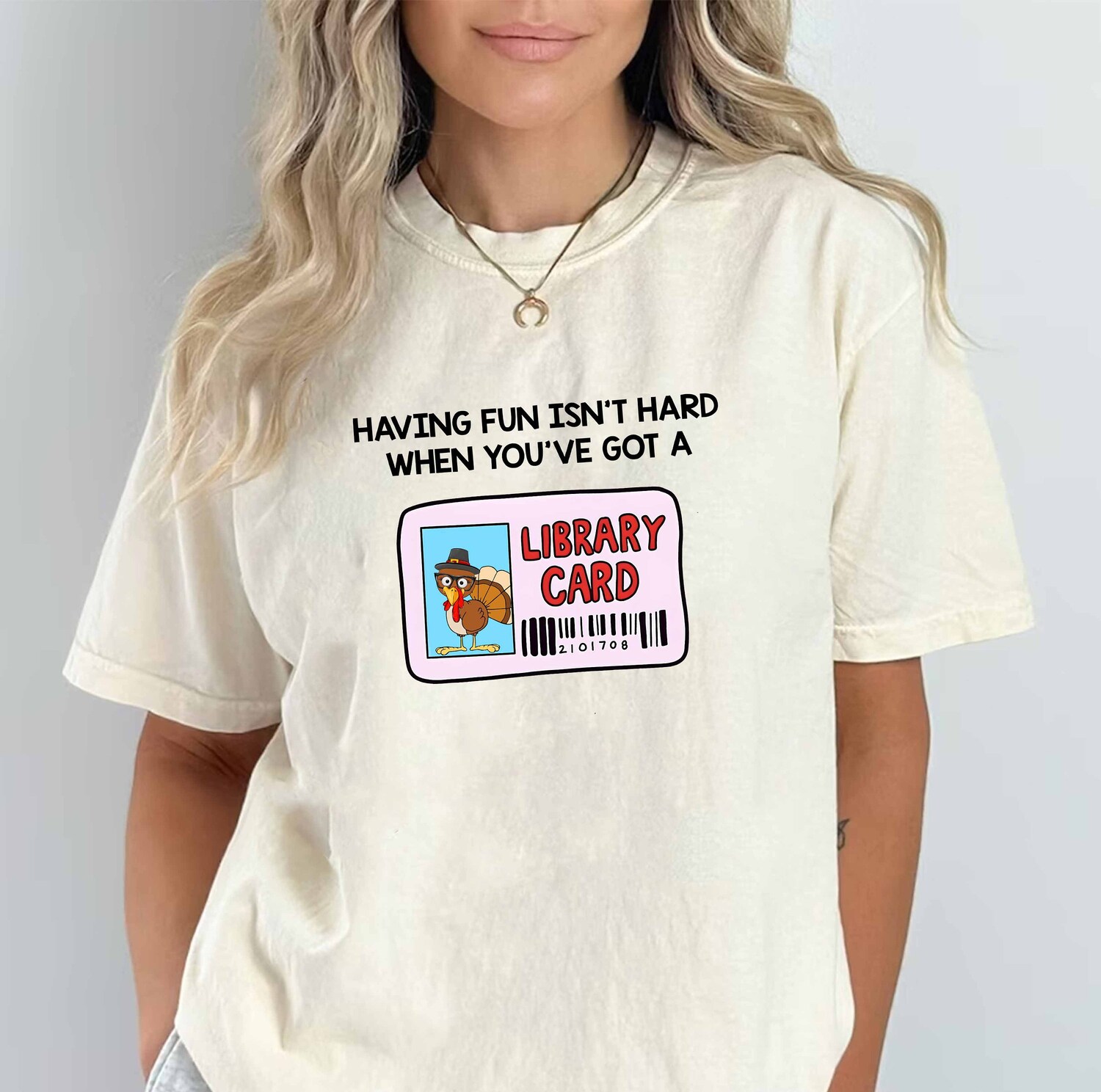 Book Lover Shirt Fun Library Card Thanksgiving Tee with Cute Turkey Perfect Book Gift image 3