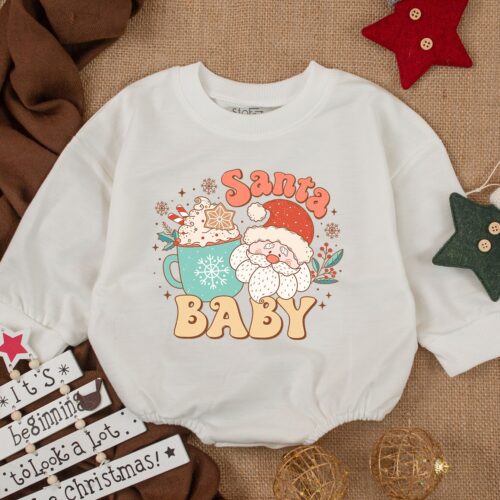 Christmas Baby Outfit Santa Baby Super Soft Cozy Warm Sweatsuit & Retro Bubble Romper image 0