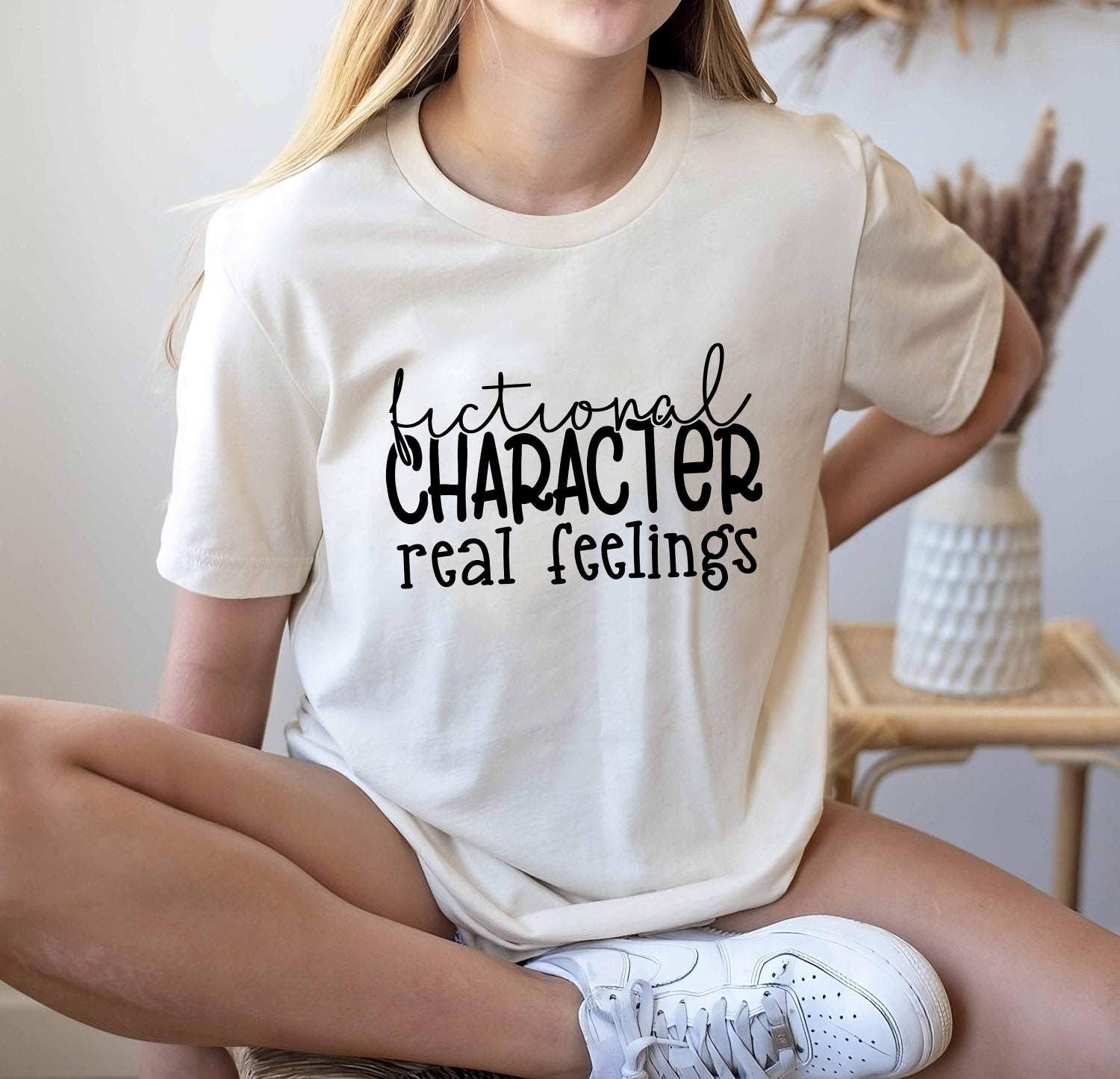 Book Lover Shirt Fictional Characters Real Feelings Bookworm Gift Reading Club Tee image 1