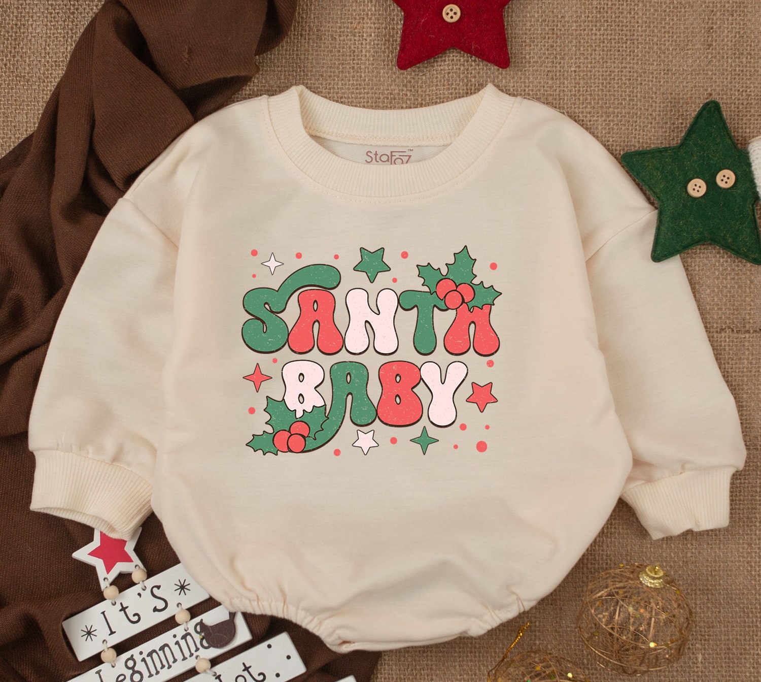 Christmas Baby Santa Outfit Super Soft Cozy Warm Retro Sweatsuit Romper image 1