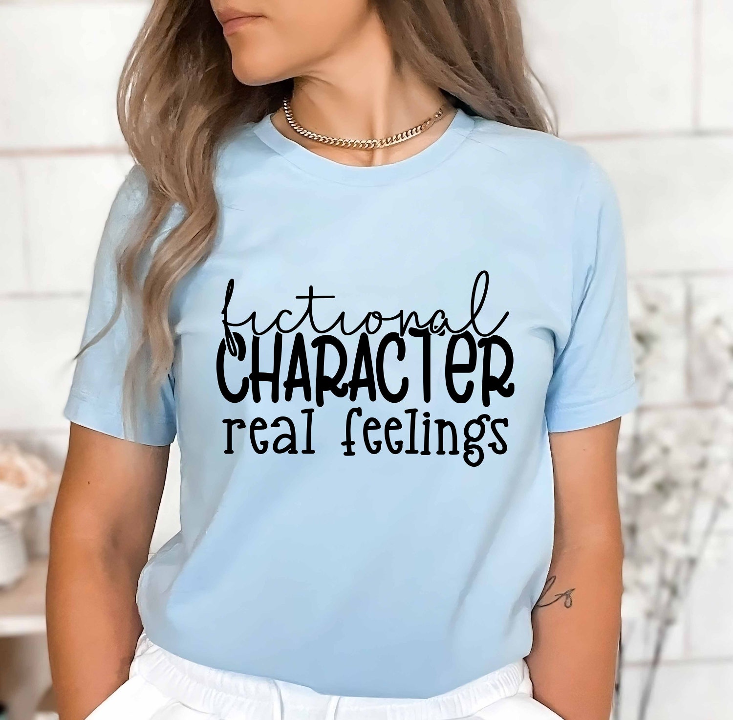 Book Lover Shirt Fictional Characters Real Feelings Bookworm Gift Reading Club Tee image 2