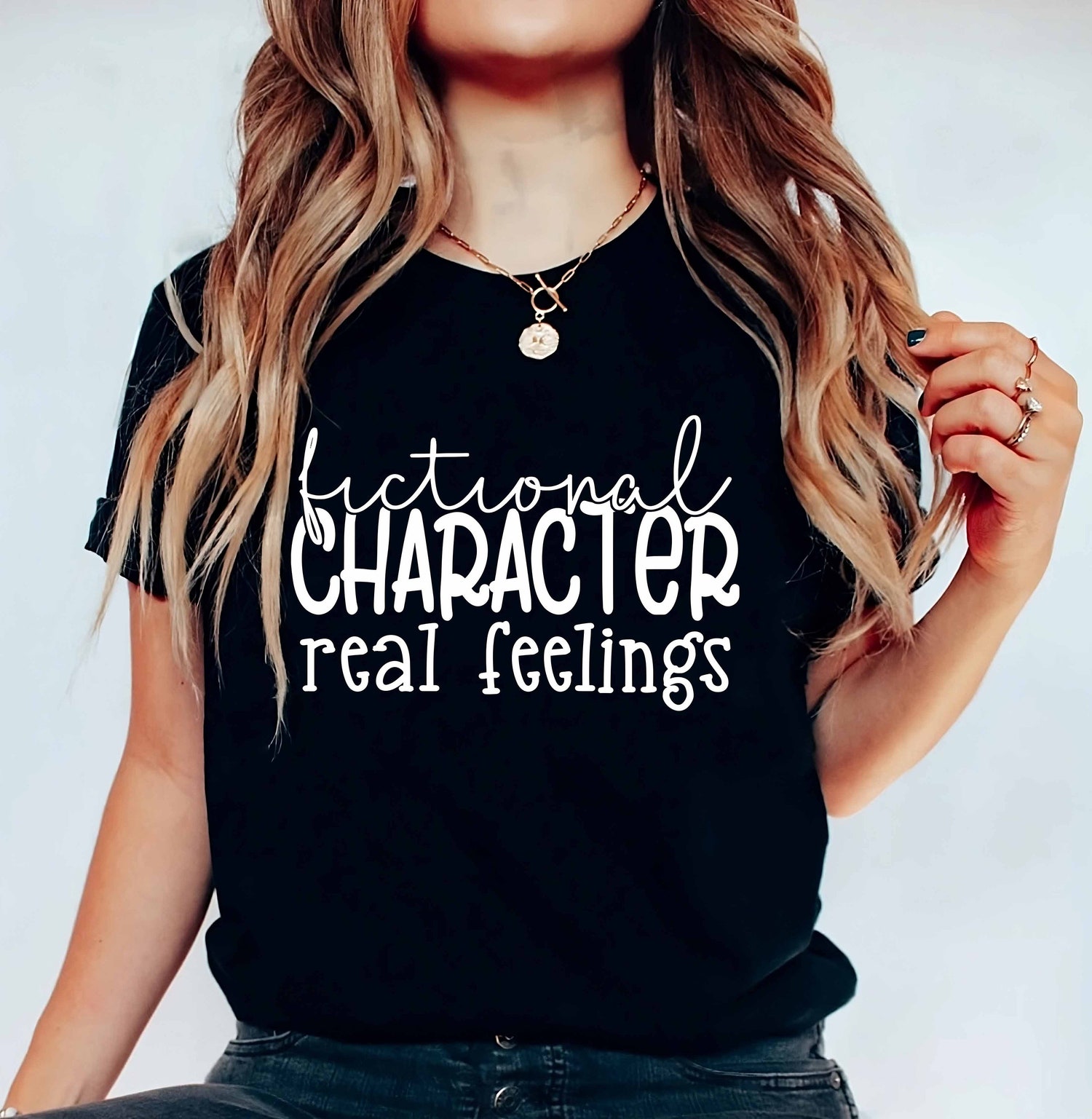 Book Lover Shirt Fictional Characters Real Feelings Bookworm Gift Reading Club Tee image 3