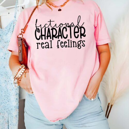 Book Lover Shirt Fictional Characters Real Feelings Bookworm Gift Reading Club Tee image 0