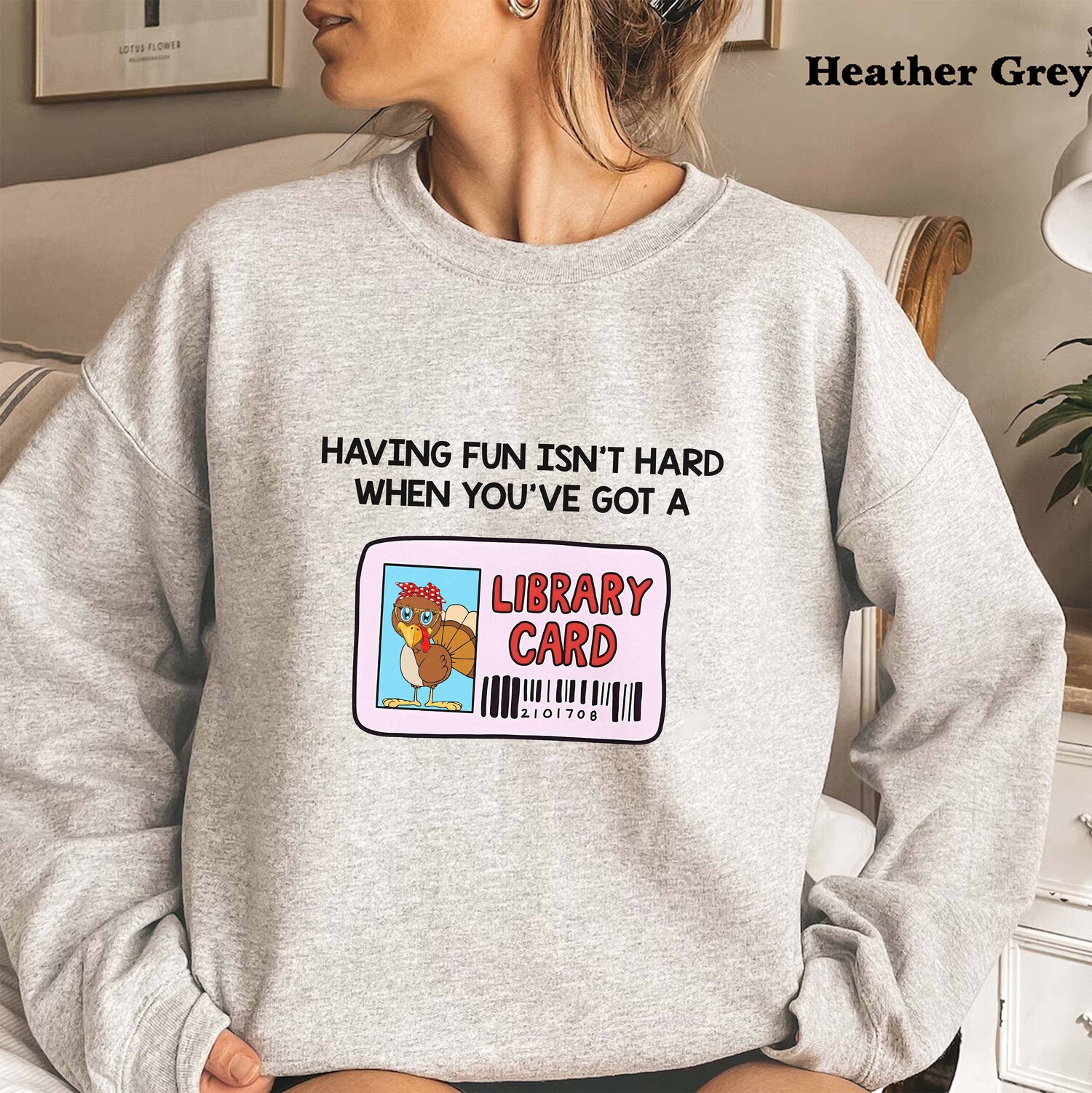 Book Lover Sweatshirt Fun Library Card Design Thanksgiving Turkey Cute Book Gift image 1