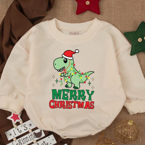 Funny Dinosaur Christmas Baby Romper 1st Christmas Outfit Baby Shower Gift Merry Xmas Vibes image 0