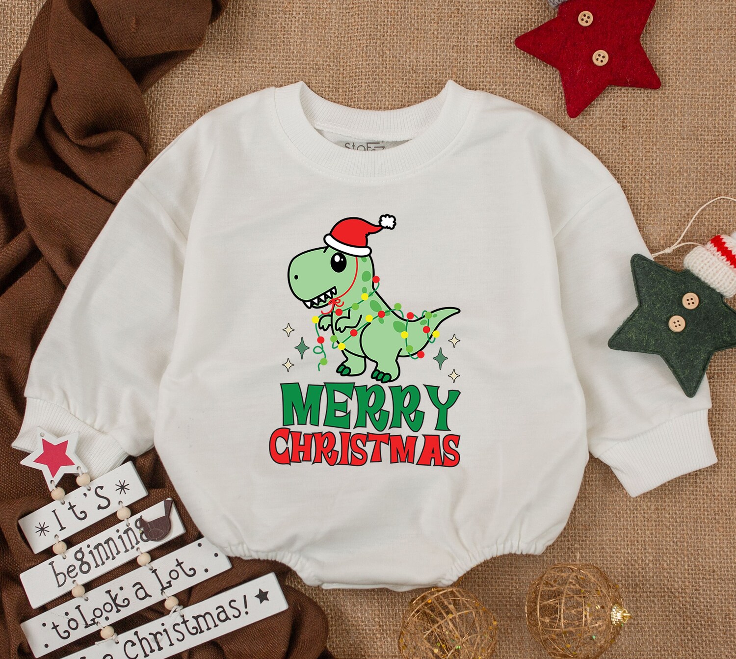 Funny Dinosaur Christmas Baby Romper 1st Christmas Outfit Baby Shower Gift Merry Xmas Vibes image 1