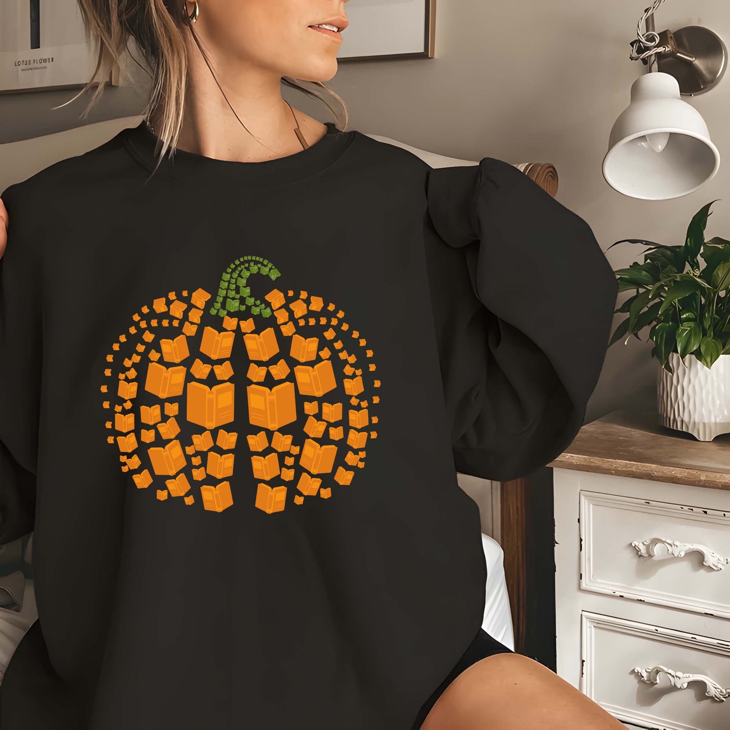 Retro Book Pumpkin Halloween Sweatshirt Cozy Book Lover Gift for Fall image 1