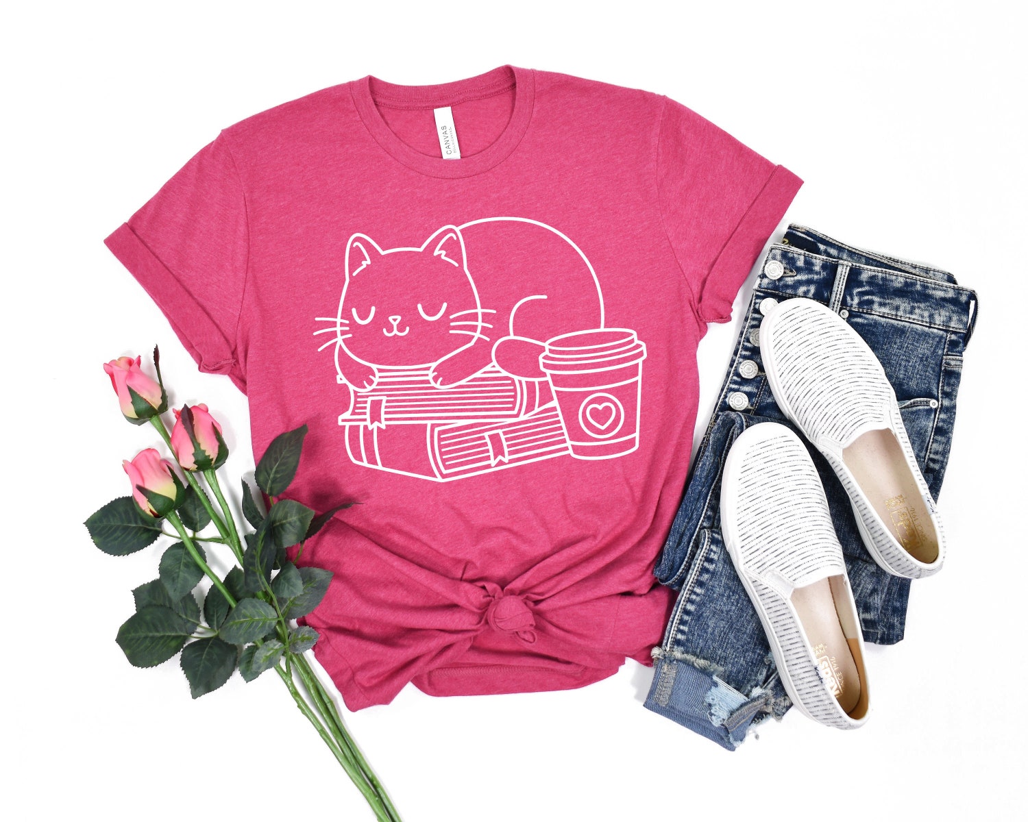 Cat Mom Shirt Cute Book Cat Tee Funny Floral Cat Lover Shirt Bookish Gifts for Women image 3