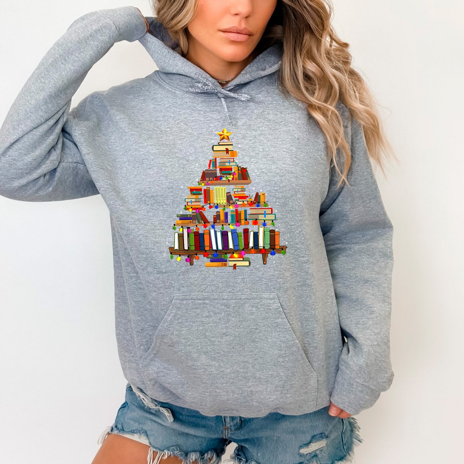 Christmas Book Tree Hoodie for Teachers School Holiday Gift Book Lovers & Bookworm Xmas image 1