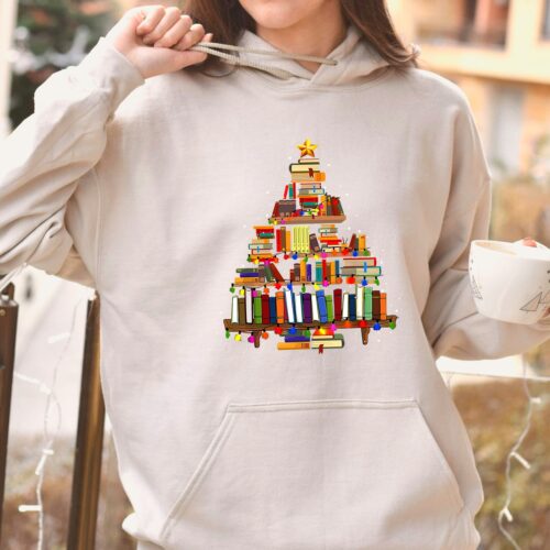 Christmas Book Tree Hoodie for Teachers School Holiday Gift Book Lovers & Bookworm Xmas image 0