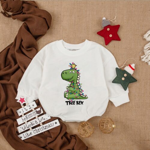 Tree Rex Christmas Baby Romper Baby Announcement Bodysuit Newborn Girl Outfit image 0