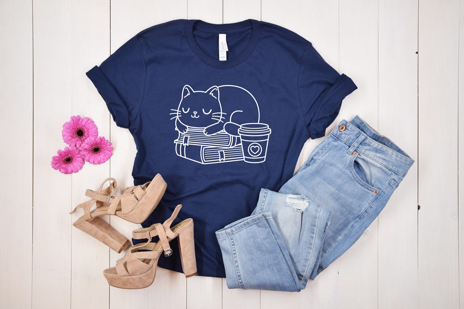 Cat Mom Shirt Cute Book Cat Tee Funny Floral Cat Lover Shirt Bookish Gifts for Women image 1