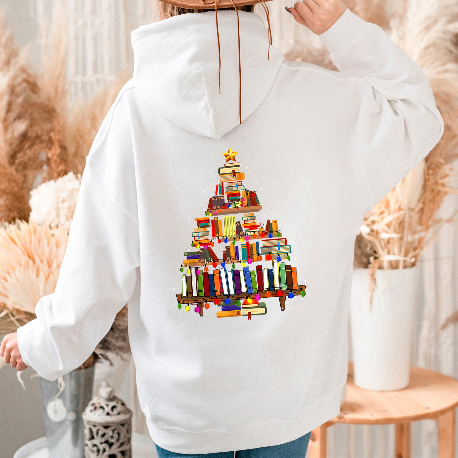 Christmas Book Tree Hoodie for Teachers School Holiday Gift Book Lovers & Bookworm Xmas image 2