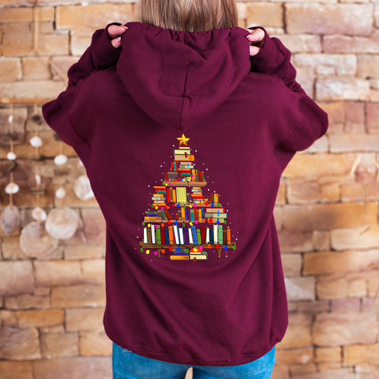 Christmas Book Tree Hoodie for Teachers School Holiday Gift Book Lovers & Bookworm Xmas image 3