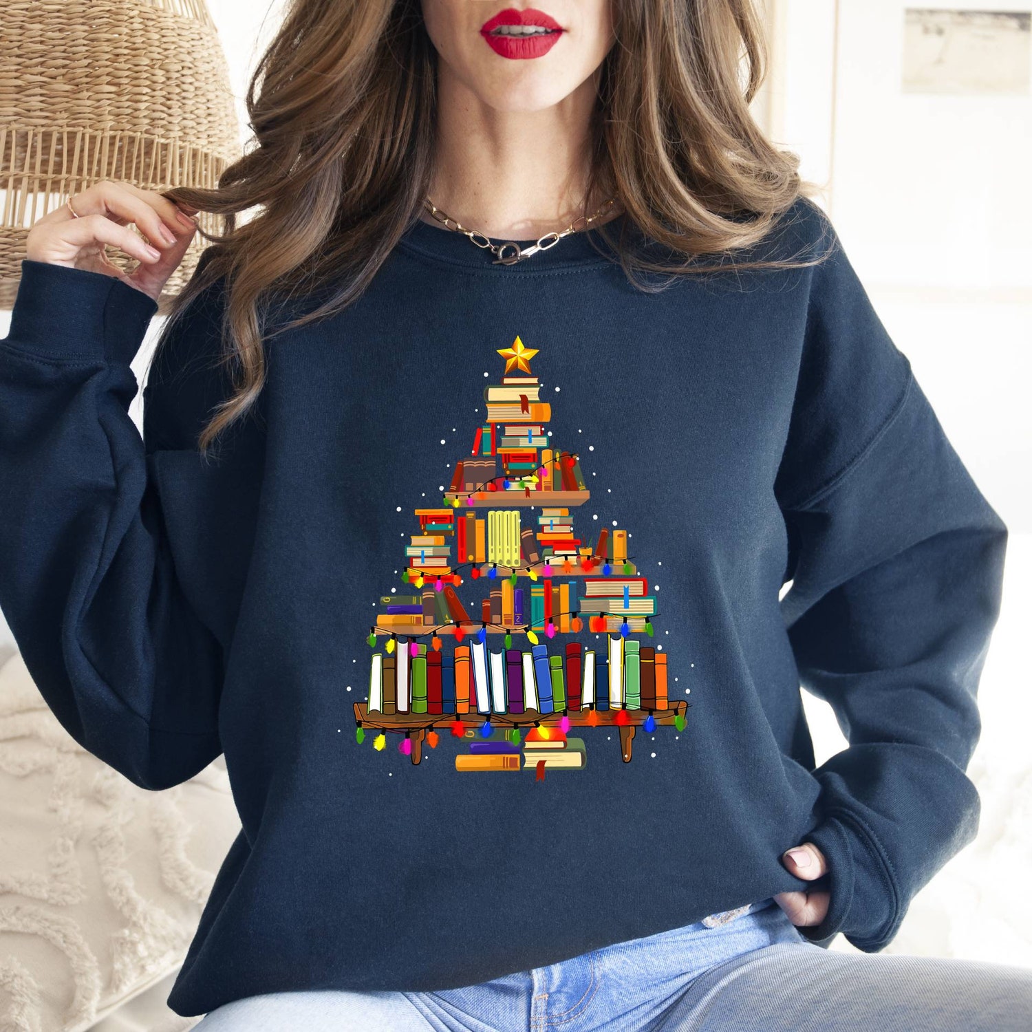 Christmas Book Tree Sweatshirt for Teachers Book Lovers Holiday Gift School Christmas Shirt image 3