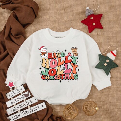 Retro Holly Jolly Baby Bubble Romper First Christmas Outfit for Baby Girl image 0