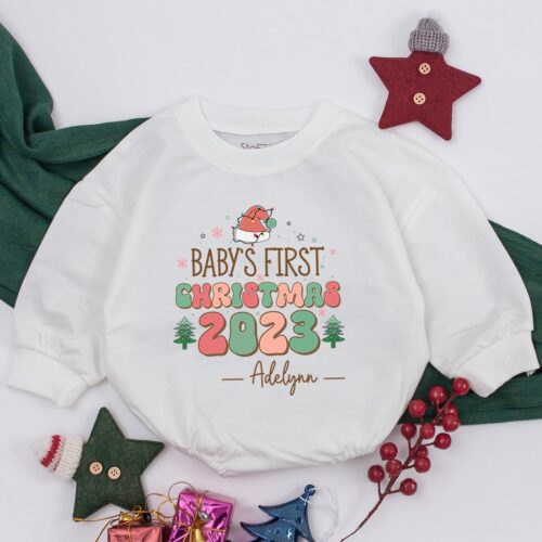 Personalized Baby's First Christmas Bodysuit Christmas Infant Romper Baby Shower Gift image 0