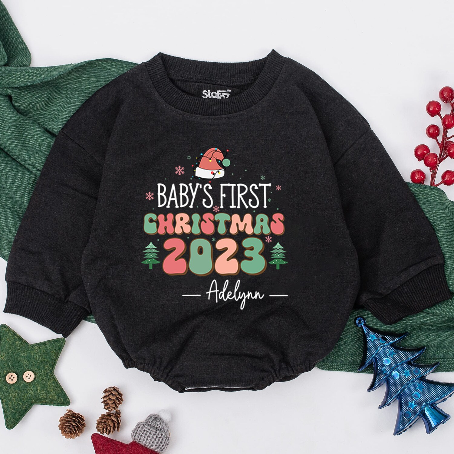 Personalized Baby's First Christmas Bodysuit Christmas Infant Romper Baby Shower Gift image 2