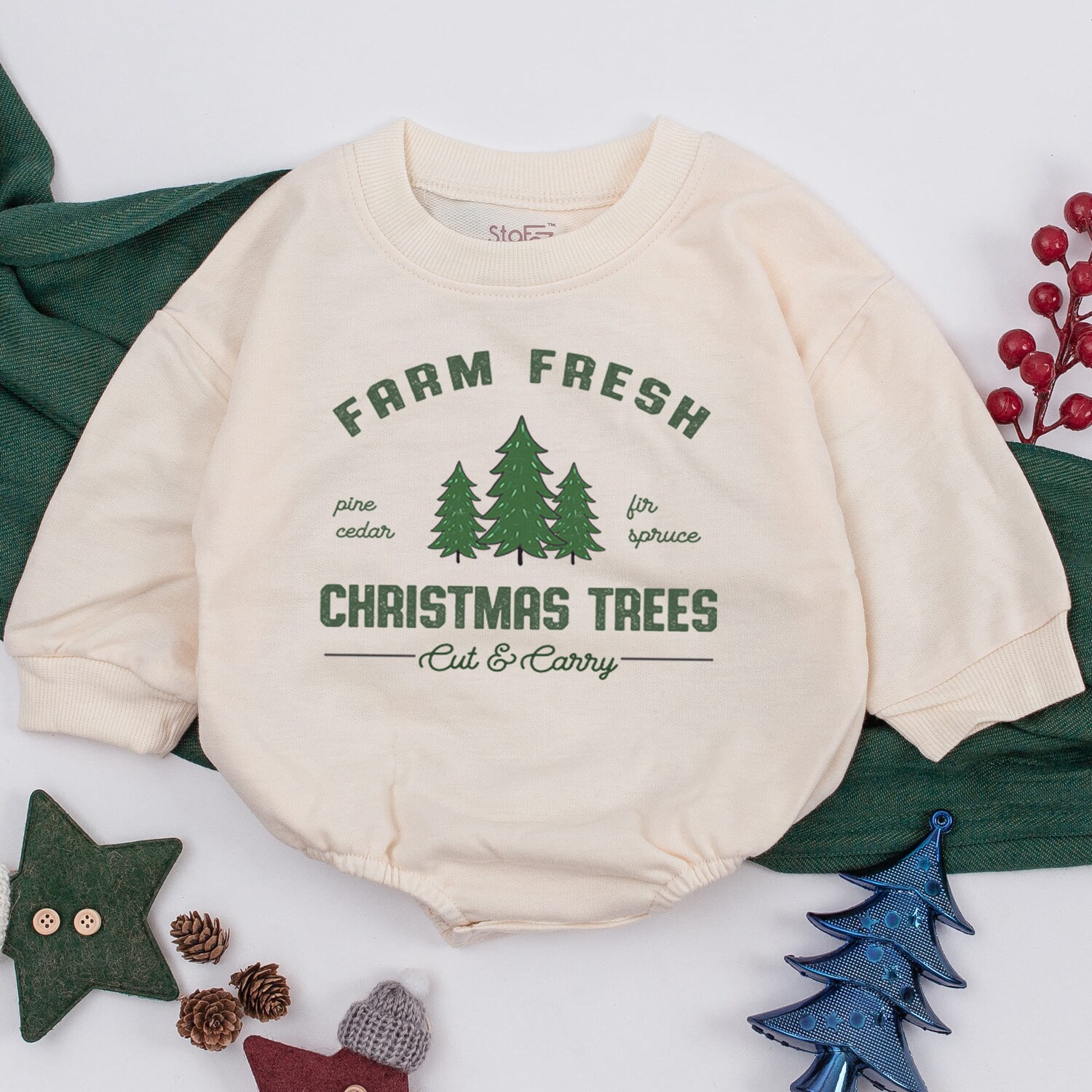 Tree Farm Christmas Baby Outfit Farm Fresh Baby Romper Holiday Infant Clothes Gender Neutral image 1