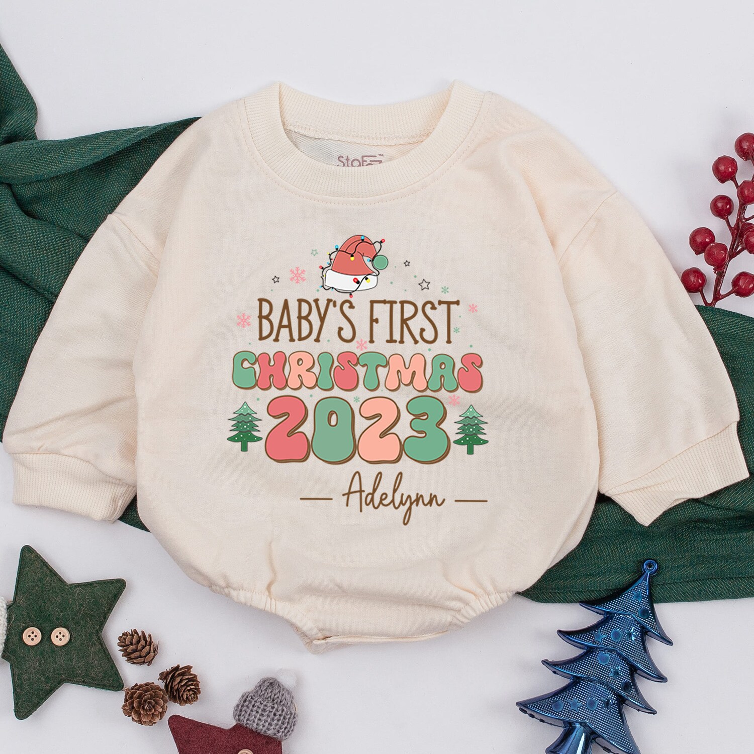 Personalized Baby's First Christmas Bodysuit Christmas Infant Romper Baby Shower Gift image 1