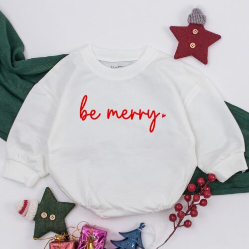 Christmas Baby Bodysuit Be Merry Romper Neutral Infant Clothes Baby Shower Gift image 0