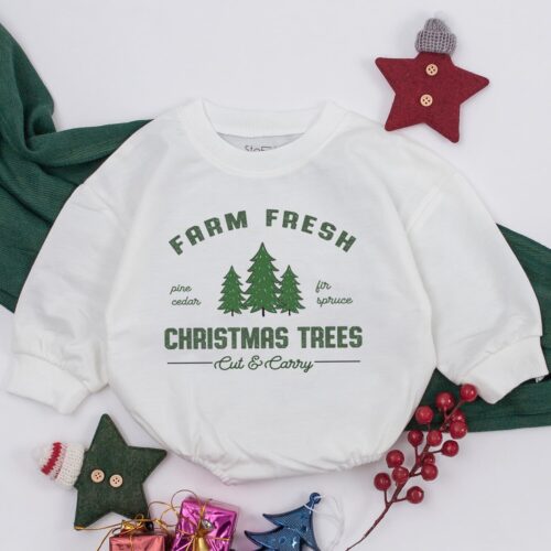 Tree Farm Christmas Baby Outfit Farm Fresh Baby Romper Holiday Infant Clothes Gender Neutral image 0