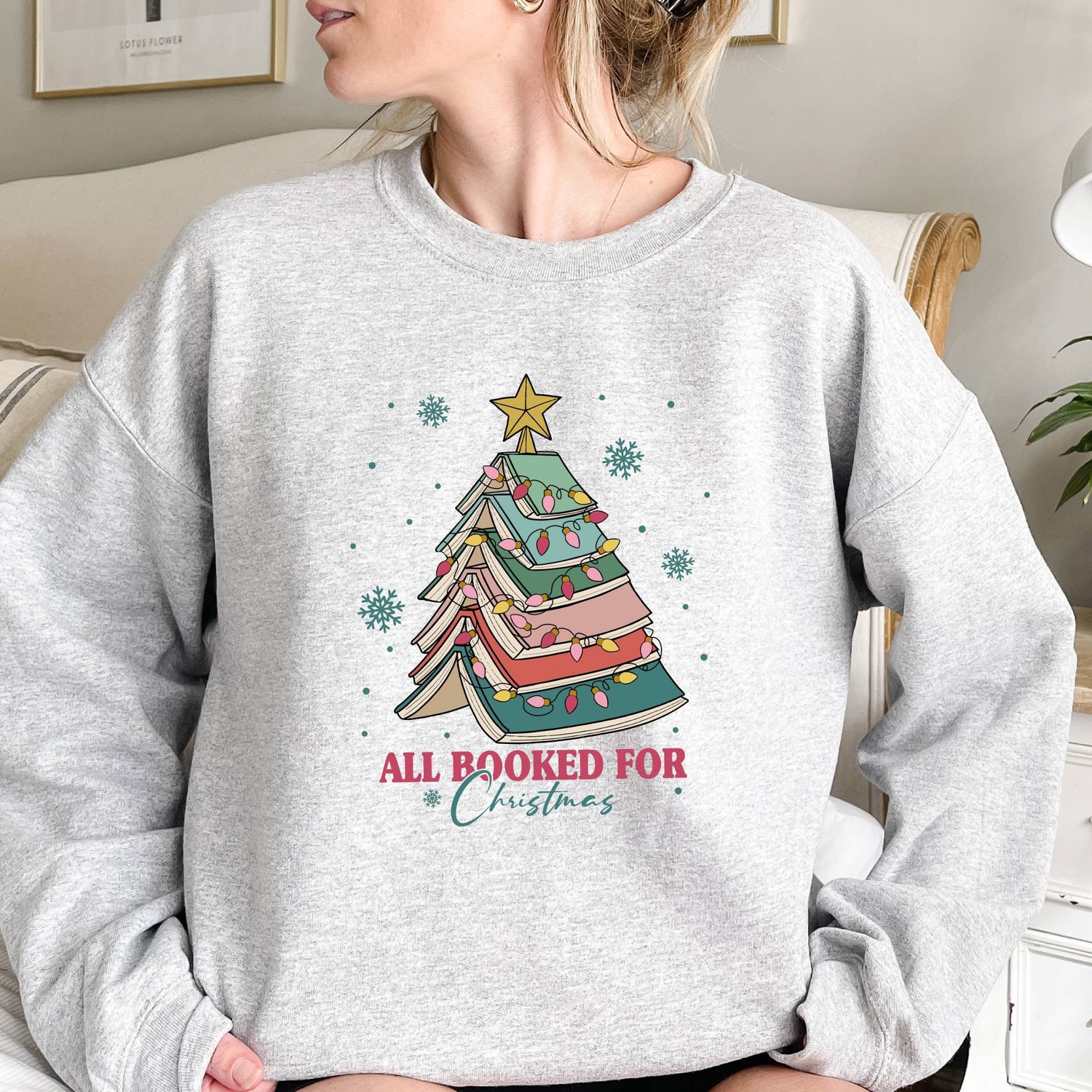 Christmas Book Tree Sweatshirt Book Lovers Holiday Gift Bookworm Teacher Christmas Sweater image 1