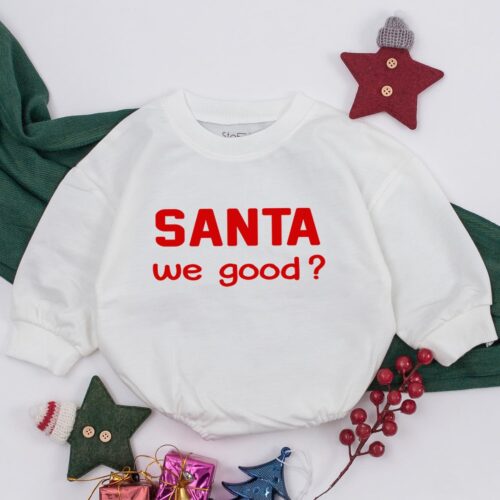 Christmas Baby Outfit Santa We Good Baby Romper Soft Cozy Warm Boy Girl Retro Santa Christmas Gift image 0