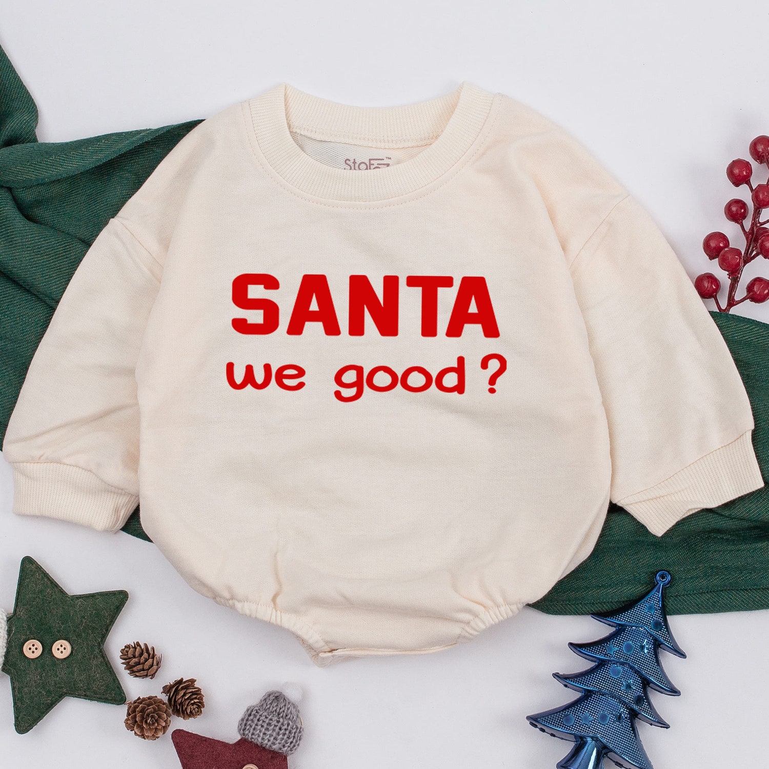 Christmas Baby Outfit Santa We Good Baby Romper Soft Cozy Warm Boy Girl Retro Santa Christmas Gift image 1